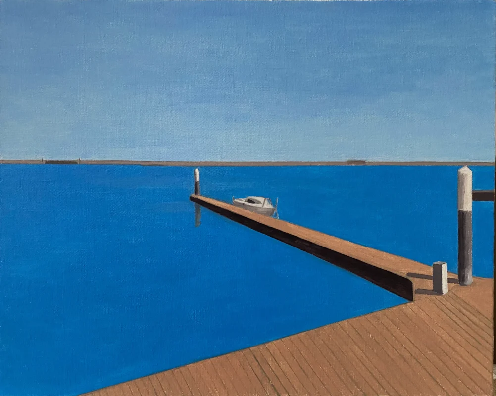 Minimalist landscape artwork depicting a calm spatial relationship between water, a pier, and the sky.
