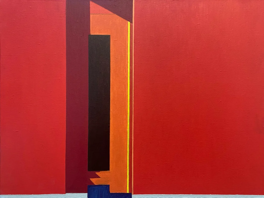 Minimalist painting depicting a sacred spatial image formed by red walls and a narrow passageway.