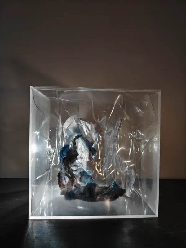 Paper sculpture Silence, featuring an abstract organic form enclosed within a transparent cube.