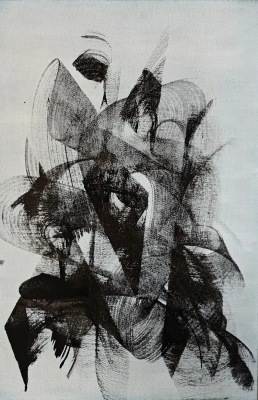 Contemporary ink work Sisyphus, featuring dynamic abstract forms created through layered ink gestures.