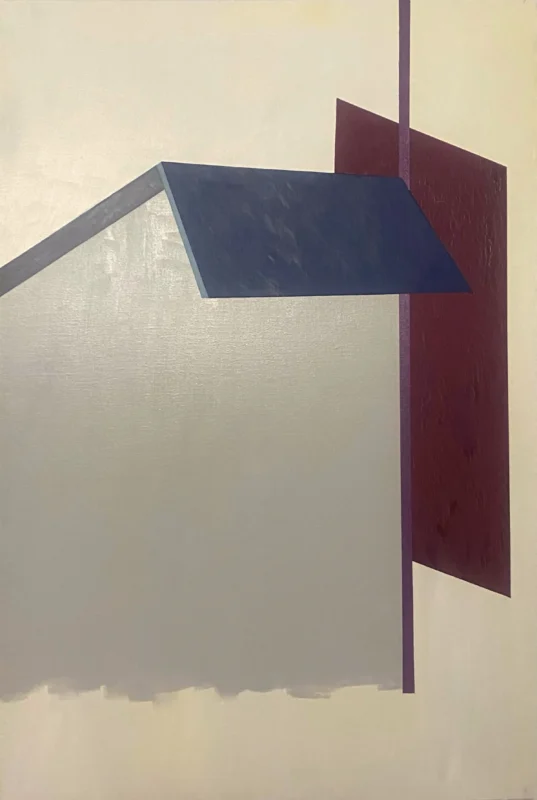 Minimalist artwork exploring a tranquil spatial relationship through architectural silhouettes and contrasts of light and shadow.