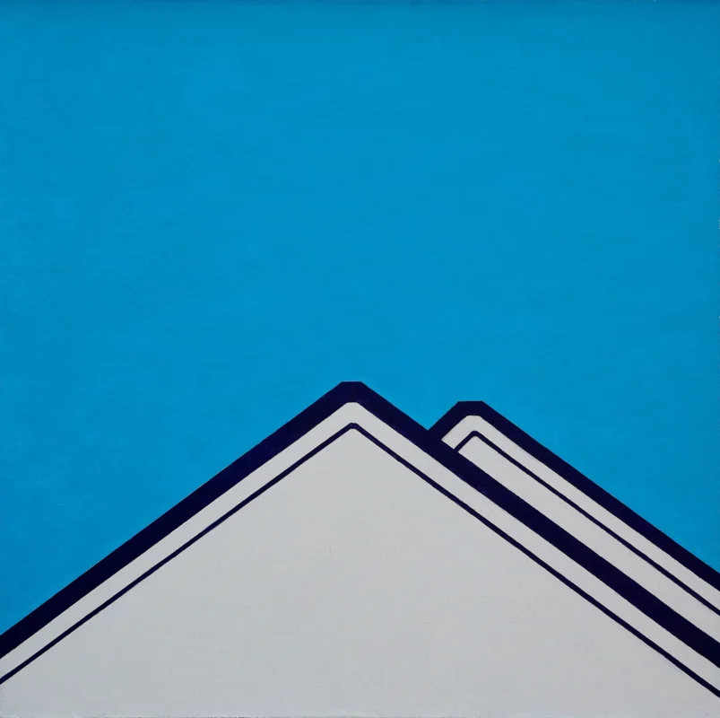 Minimalist landscape artwork composed of roof silhouettes and blue sky in a simplified geometric arrangement.