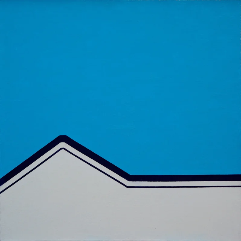 Minimalist landscape artwork featuring rhythmic rooflines against an expansive blue sky.