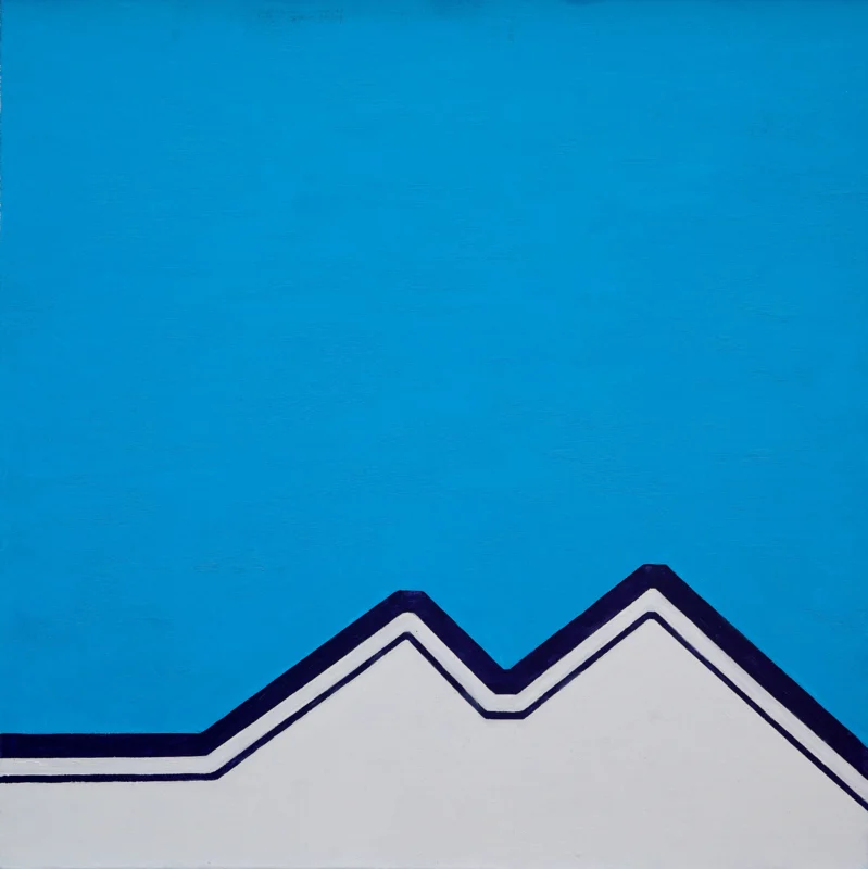 Minimalist landscape artwork composed of roof structures and horizontal color planes forming geometric spatial relationships.