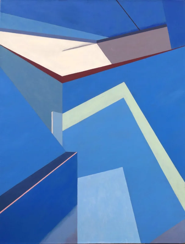 Minimalist artwork composed of intersecting architectural forms and blue spatial planes, creating an abstract spatial relationship.