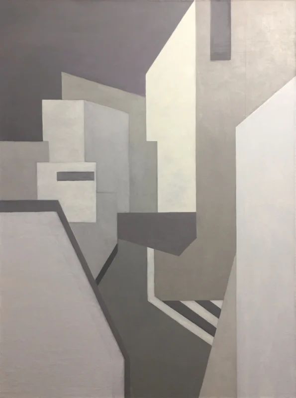 Minimalist artwork constructing an abstract spatial structure through grey-white architectural volumes and subtle light relationships.