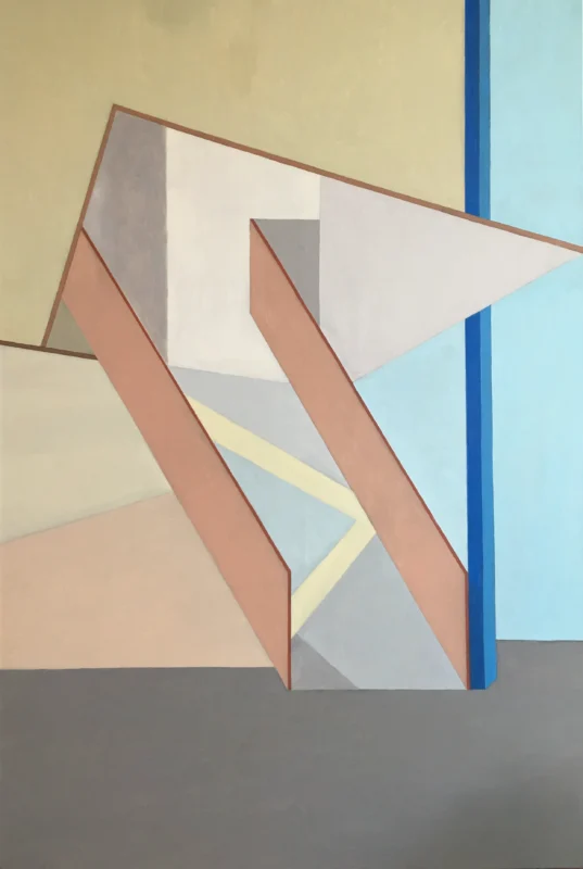 Intersecting angular planes and architectural fragments create a dynamic composition of overlapping spatial structures.