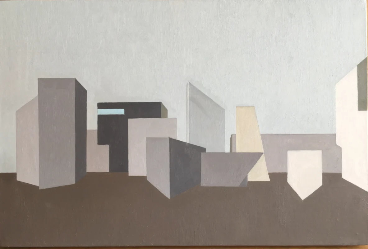 A cluster of simplified geometric structures forms an abstract urban-like landscape composed of muted grey and beige tones.