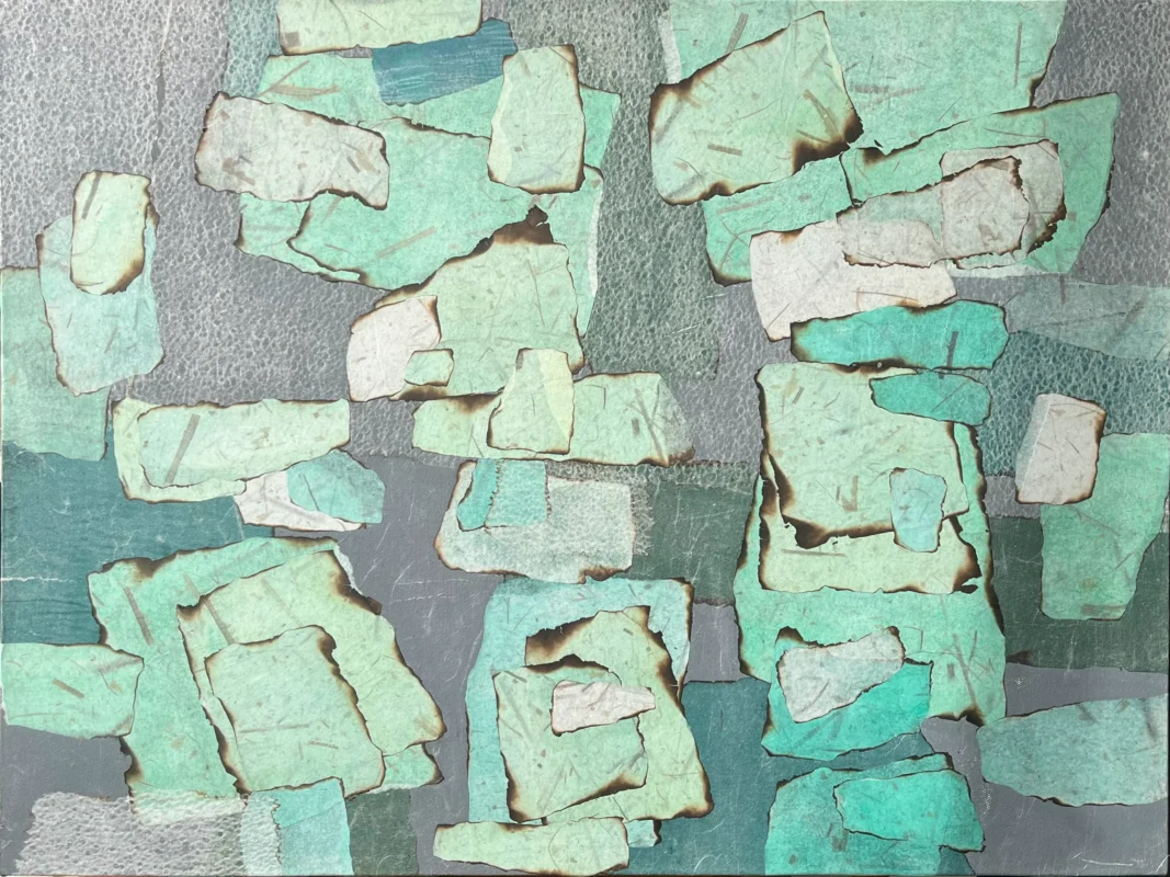 Green-toned layered paper composition with textured mixed-media construction.