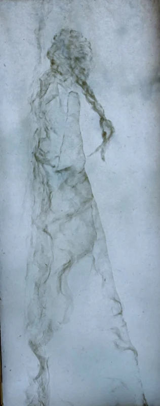 Mixed-media artwork What You See, featuring a delicate fiber figure against a pale blue background.