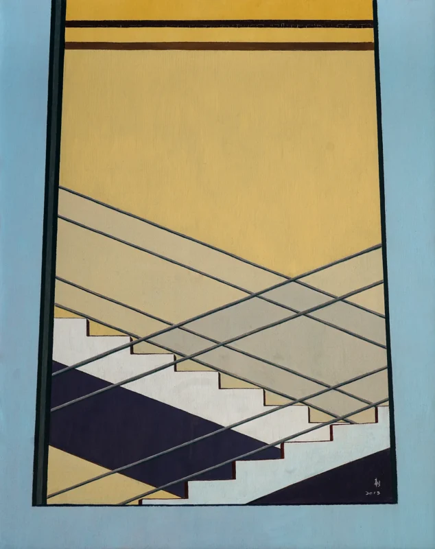 Minimalist artwork exploring geometric spatial relationships through a window frame, staircase, and architectural structures.