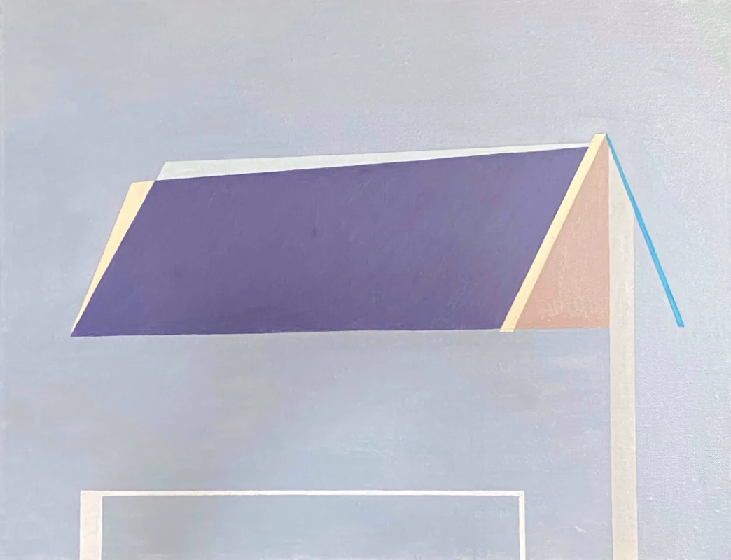 Minimalist architectural landscape depicting urban structures at dusk through geometric forms and color fields.
