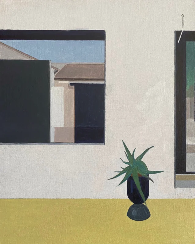 Minimalist artwork capturing a fleeting afternoon perception through architectural facades and changing light.