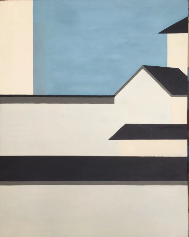 Minimalist artwork reconstructing an urban skyline through geometric structures.