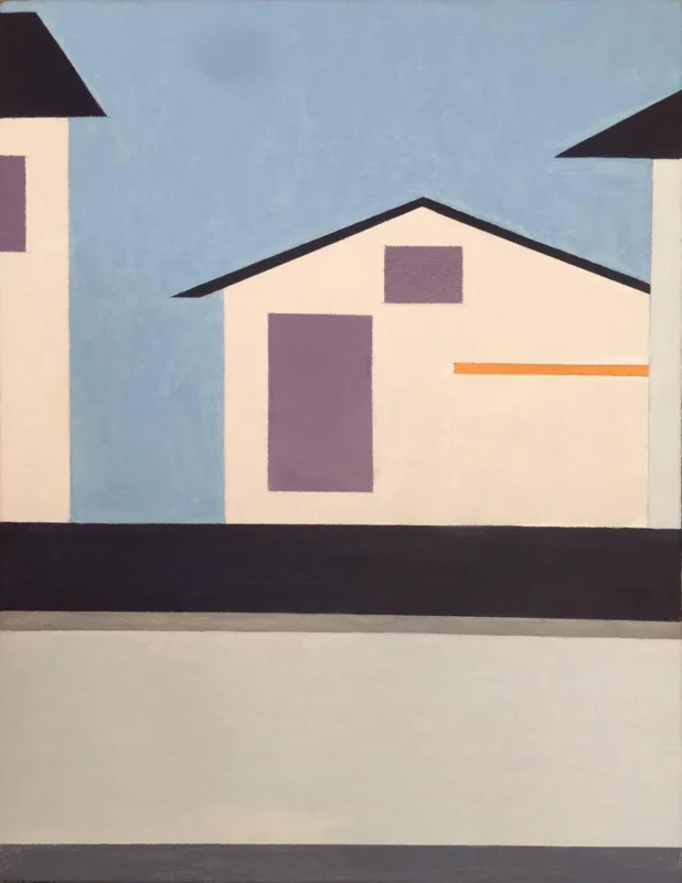 Minimalist painting presenting urban architecture through abstract geometric forms.