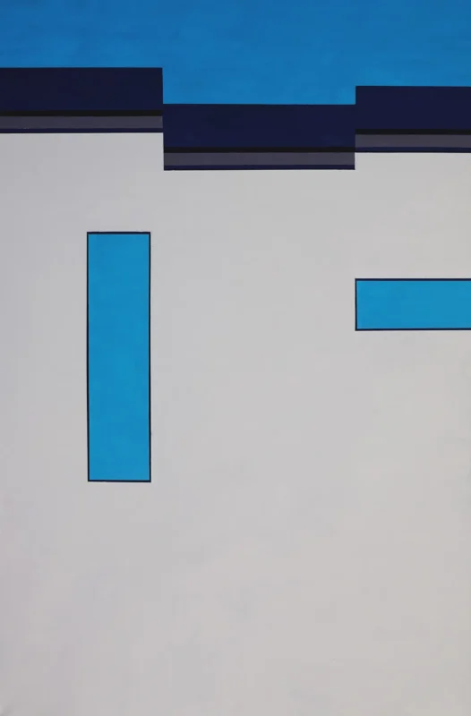 Minimalist architectural artwork using wall structures and divided color planes to create visual order.