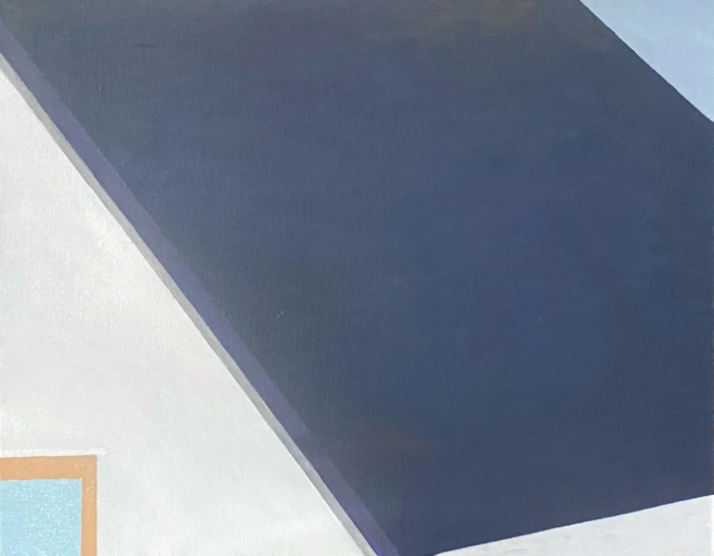 Minimalist architectural artwork reconstructing urban spatial order through geometric rooftops and simplified color fields.