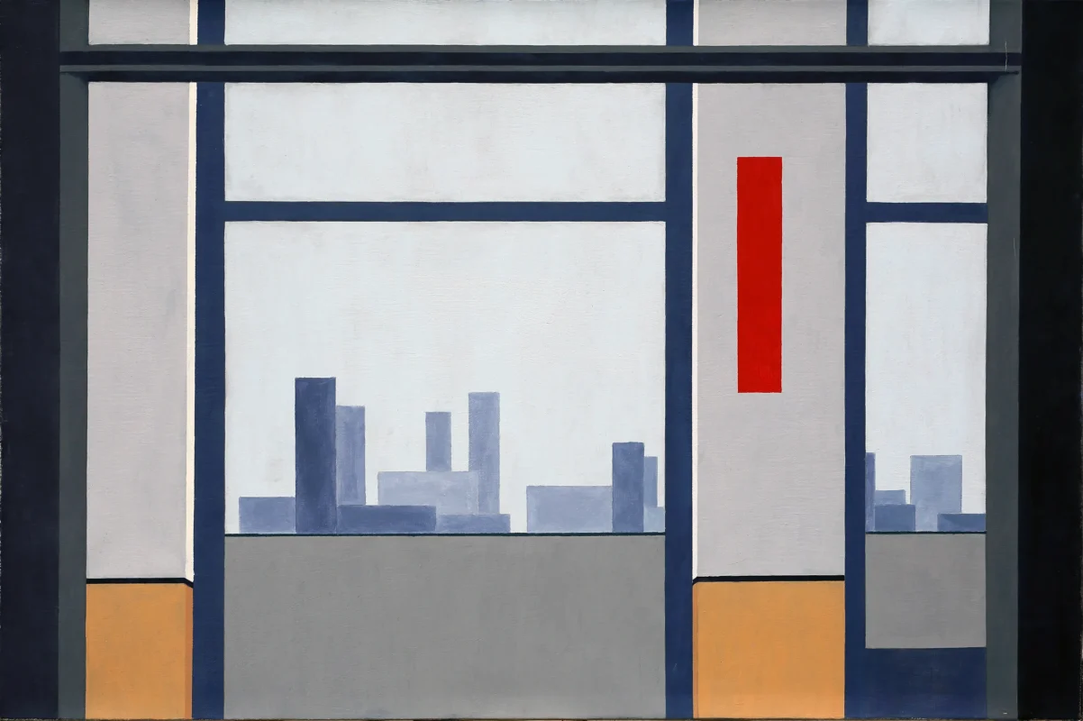 Minimalist architectural artwork depicting a city landscape seen through a window.