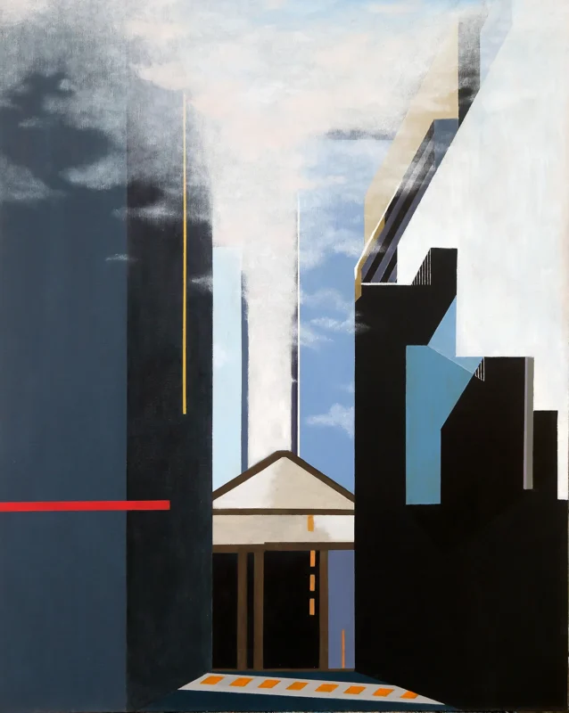 Minimalist artwork distilling New York’s urban architecture into geometric forms and color relationships.