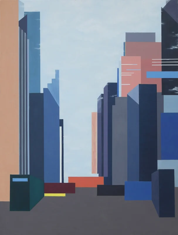 Minimalist artwork exploring the spatial relationships of New York streets through simplified architectural silhouettes and color fields.