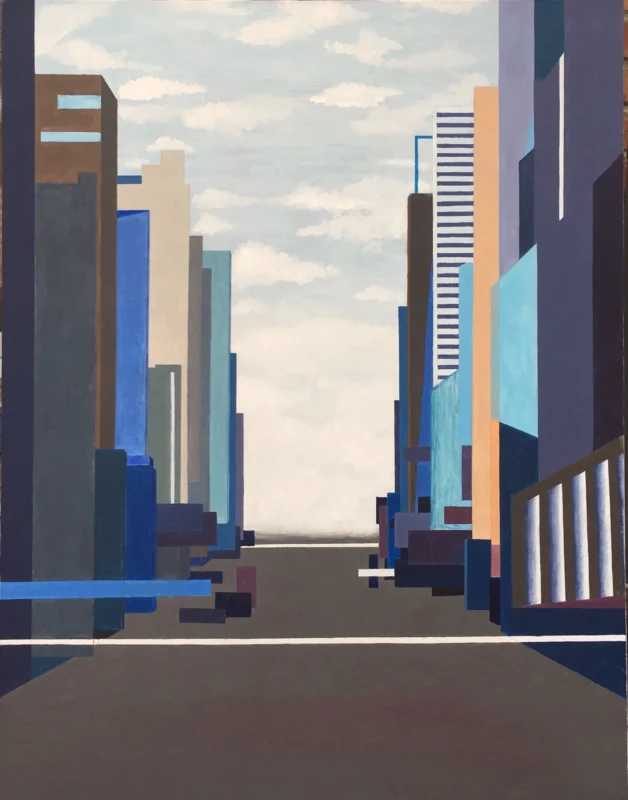 Minimalist painting reconstructing the visual order of New York’s urban space through abstract geometric language.