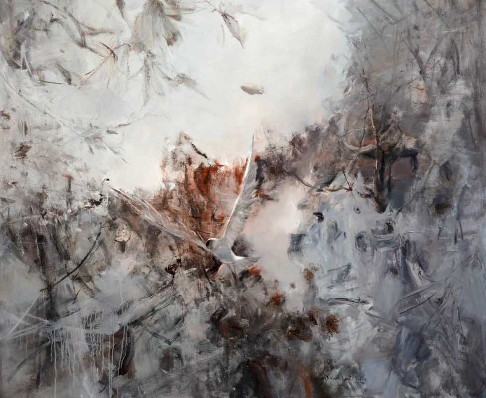 An expressive oil painting featuring a white bird in flight at the center of an abstract atmospheric space. Energetic brushwork, layered textures, and subtle tones of grey, white, and earthy red dissolve recognizable forms into a luminous field of movement and transformation.