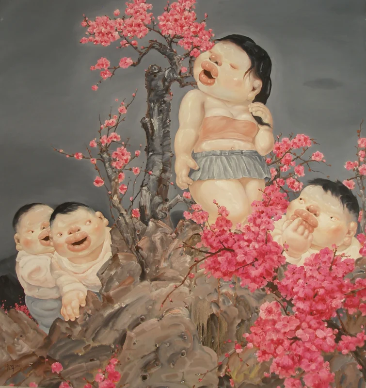 Childlike figures gather beside blooming pink flowers growing from a rocky mountain peak in a dreamlike landscape.