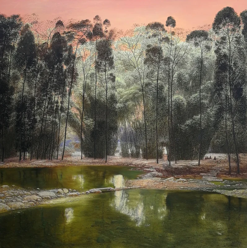 A tranquil bamboo grove in western Sichuan rendered in muted tones, reflected in still water beneath a soft sky.