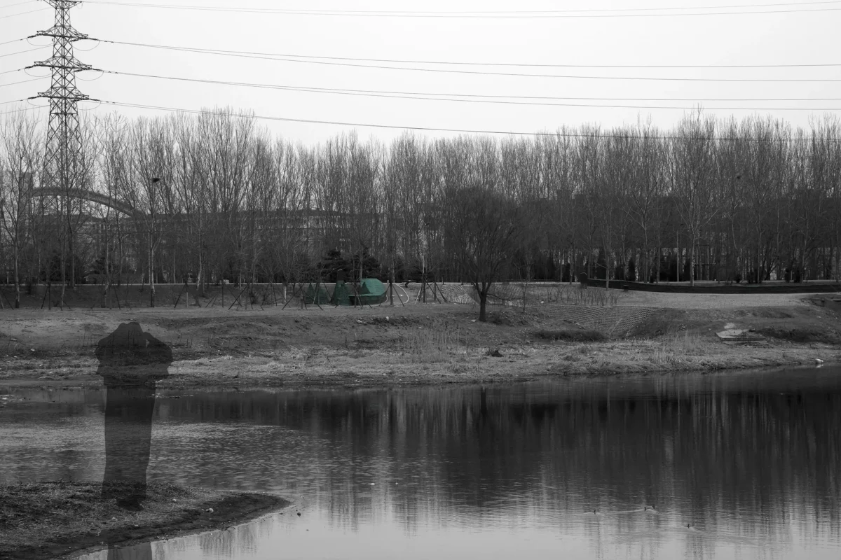 A shadow-like figure appears beside still water beneath power lines and leafless trees, blending into the monochrome landscape.