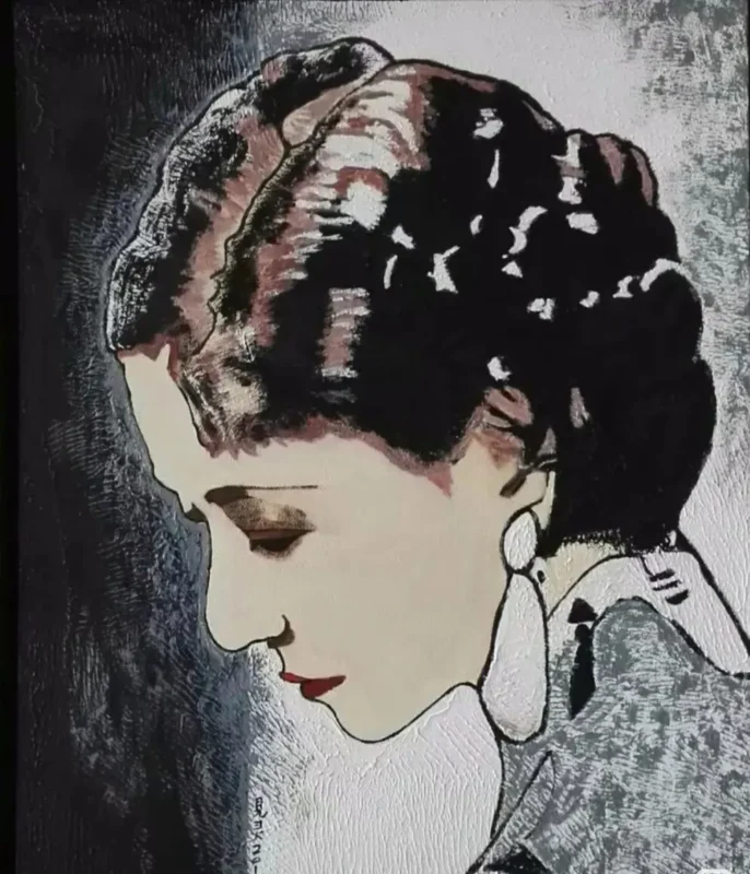 A monochromatic portrait of Chinese silent-film star Ruan Lingyu shown in profile with lowered gaze.
