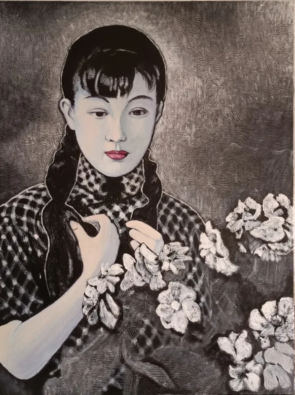 A portrait of Chinese singer and actress Zhou Xuan surrounded by blooming flowers.