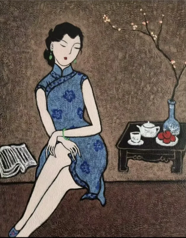 A woman in a blue qipao sits beside a tea table with porcelain ware and flowering branches, surrounded by a quiet interior setting.