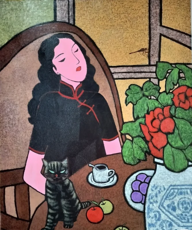 A woman in a dark qipao sits beside a table with a cat, fruit, flowers, and a teacup, while a dragonfly appears near the window.