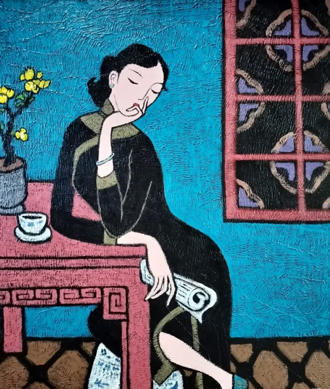 A woman in a dark qipao sits beside a pink table, holding a rolled scroll while immersed in thought.