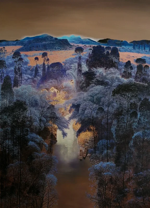 A luminous path winds through a mysterious forest landscape bathed in blue and violet tones beneath a twilight sky.