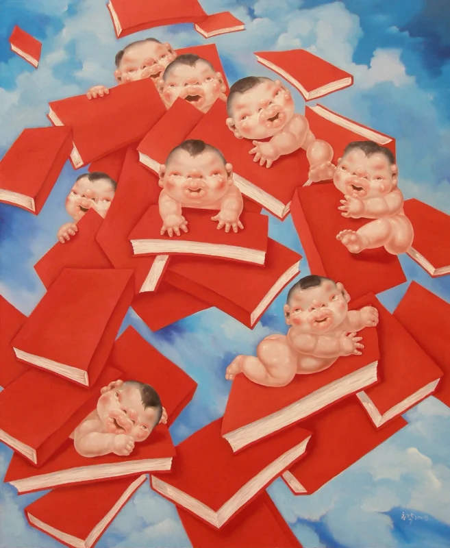 A surreal composition featuring childlike figures emerging among floating red books suspended in a bright blue sky.