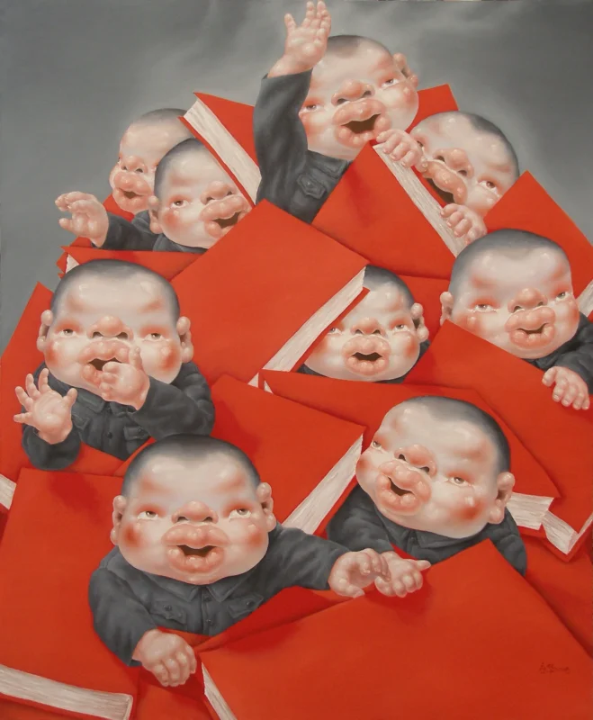 A group of childlike figures gather around and emerge from a monumental structure composed of oversized red books.