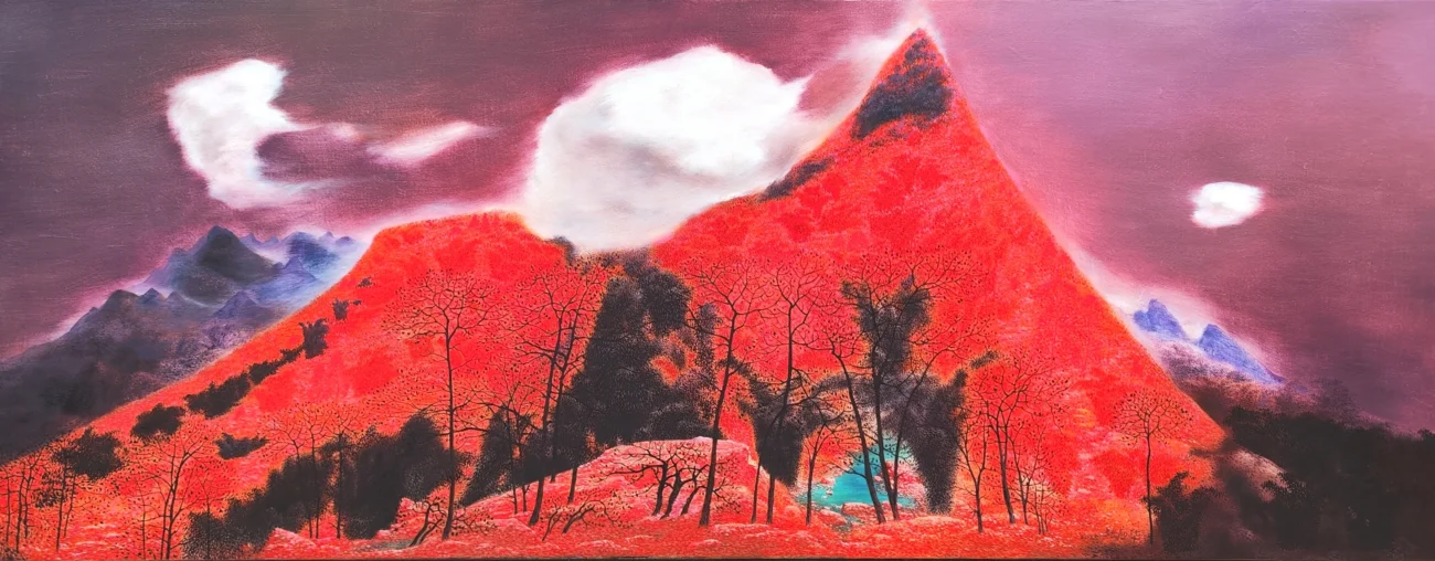 Crimson mountains rise beneath drifting clouds, creating a dreamlike landscape infused with vivid symbolic color.