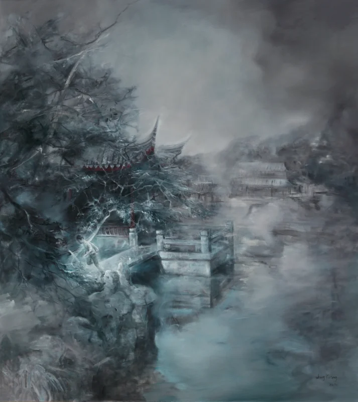 An expressive oil painting depicting a mist-covered garden landscape with traditional architecture, a small bridge, water, and dense trees. Near the illuminated bridge, a tiny figure leans forward while running from right to left, appearing briefly within the dreamlike atmosphere. Layers of grey-blue tones dissolve the boundaries between landscape, memory, and imagination.
