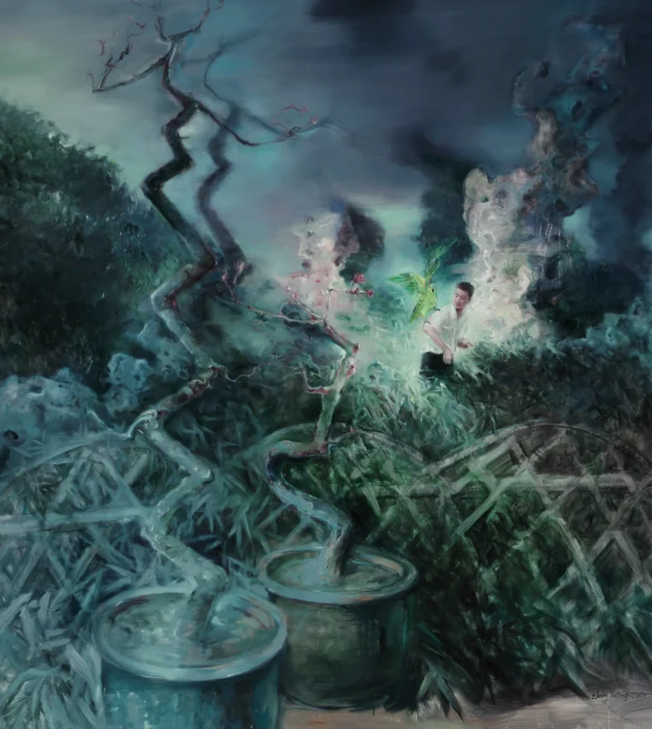 An expressive oil painting depicting a dreamlike garden scene with twisted trees, dense vegetation, scholar’s rocks, and circular stone vessels in the foreground. A white-clad figure turns back near a perforated rock, emerging from a luminous space surrounded by deep blue and green tones. Dynamic brushwork dissolves the landscape into a psychological realm between memory, movement, and imagination.