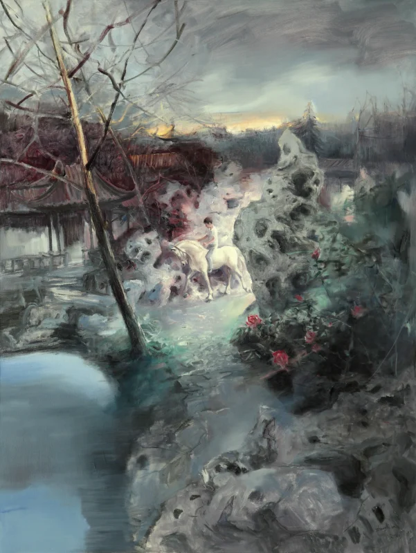 An expressive oil painting depicting a dreamlike garden landscape with weathered rocks, bare tree branches, water, and distant architecture. A rider on a white horse appears subtly behind a perforated scholar’s rock, emerging through layers of misty brushwork that blur the boundaries between memory, landscape, and imagination.