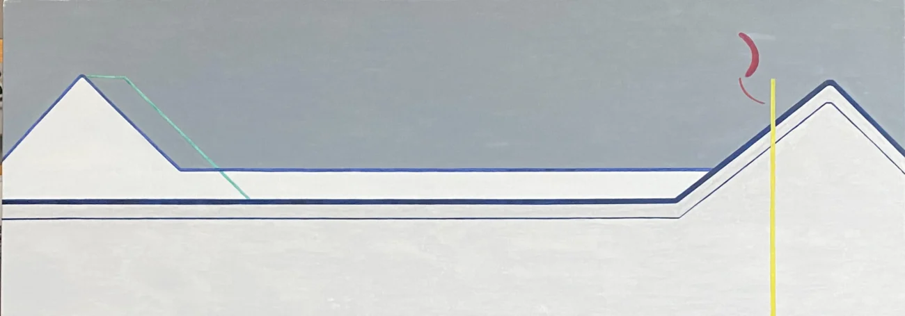 Minimal architectural outlines inspired by a classical Chinese garden are reduced to geometric forms against a pale grey sky, suggesting a reconstructed memory of place.