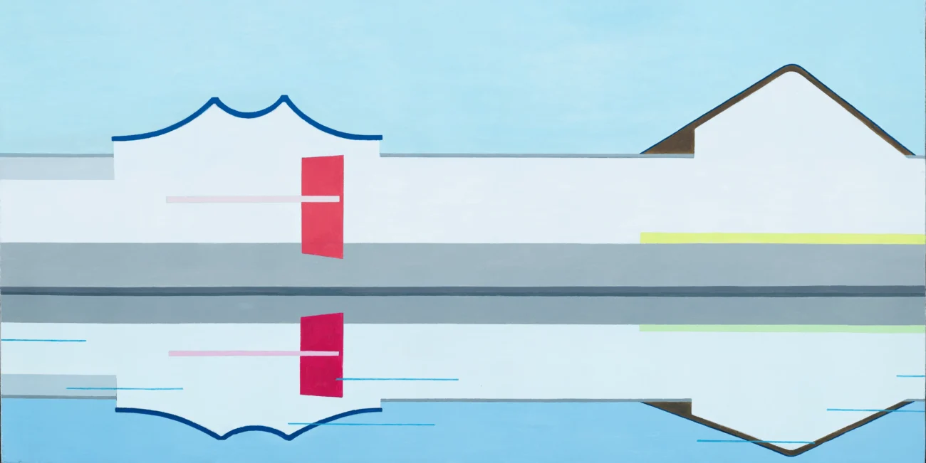 Reflections of simplified rooftops and architectural forms appear on a calm water surface, creating a symmetrical and dreamlike landscape.