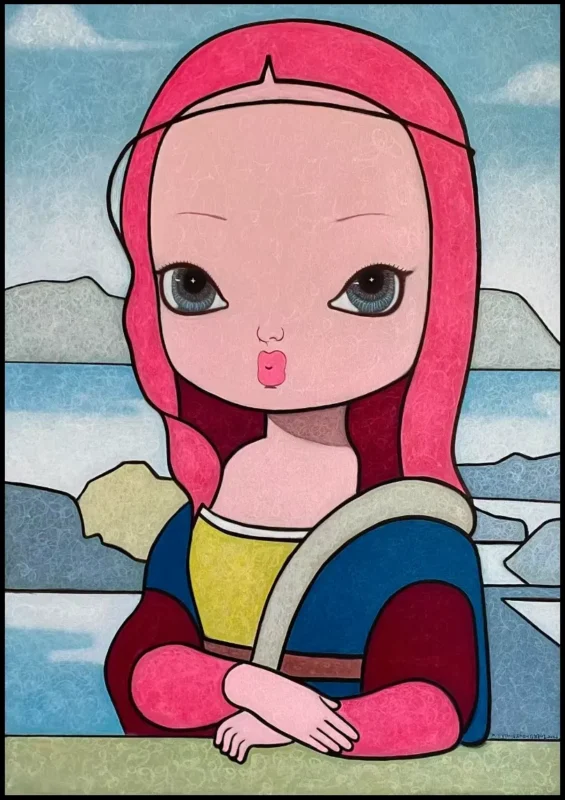 A stylized reinterpretation of Leonardo da Vinci’s Mona Lisa featuring Xie Yongsheng’s signature young female figure against a simplified landscape background.