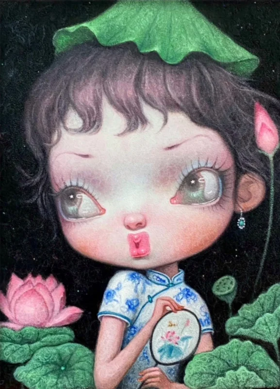 A young girl in a blue-and-white qipao holding a round fan, surrounded by lotus leaves and pink lotus blossoms.