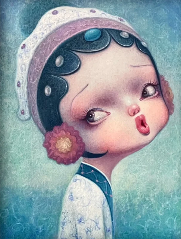 Portrait of a young girl in traditional Chinese opera-inspired costume with floral ornaments against a turquoise background.