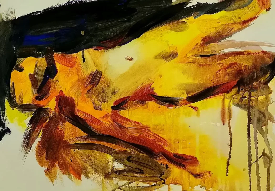 Bold yellow, black, and reddish-brown brushstrokes intersect across the canvas, creating an energetic abstract composition filled with movement and spontaneity.