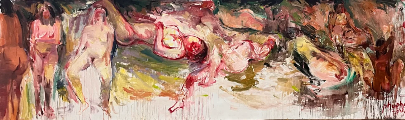 Multiple nude figures are scattered across a panoramic composition, their standing, reclining, and resting poses forming a fluid collective scene.