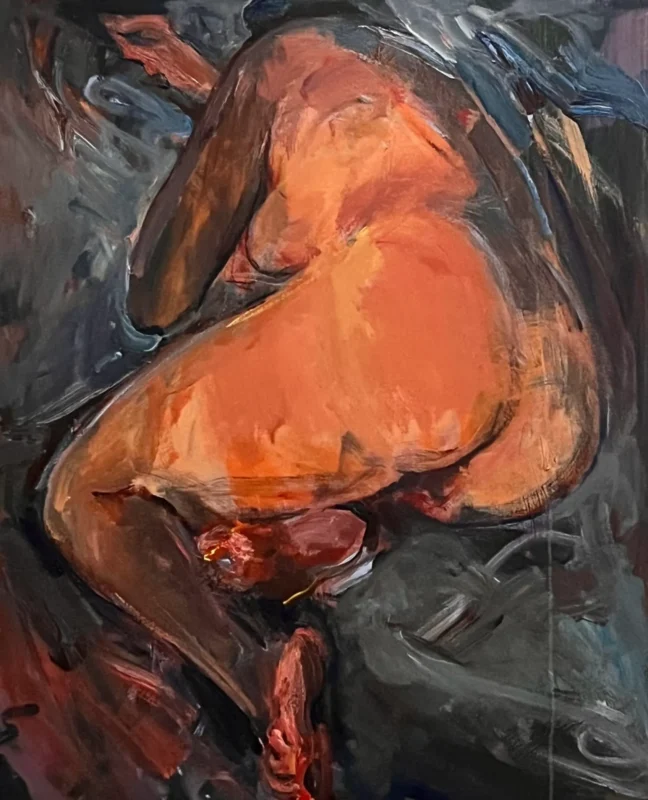 A curled nude figure is rendered in dense orange and brown tones against a dark gray background, emphasizing physical weight and tension.