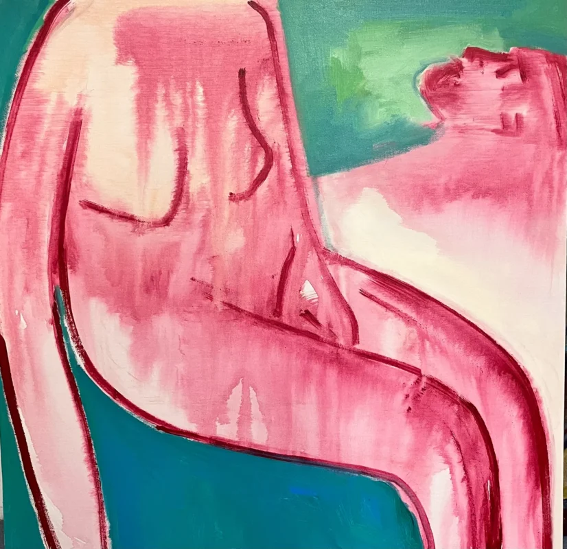 A simplified pink nude figure outlined with minimal lines appears within an open field of turquoise, green, and white.